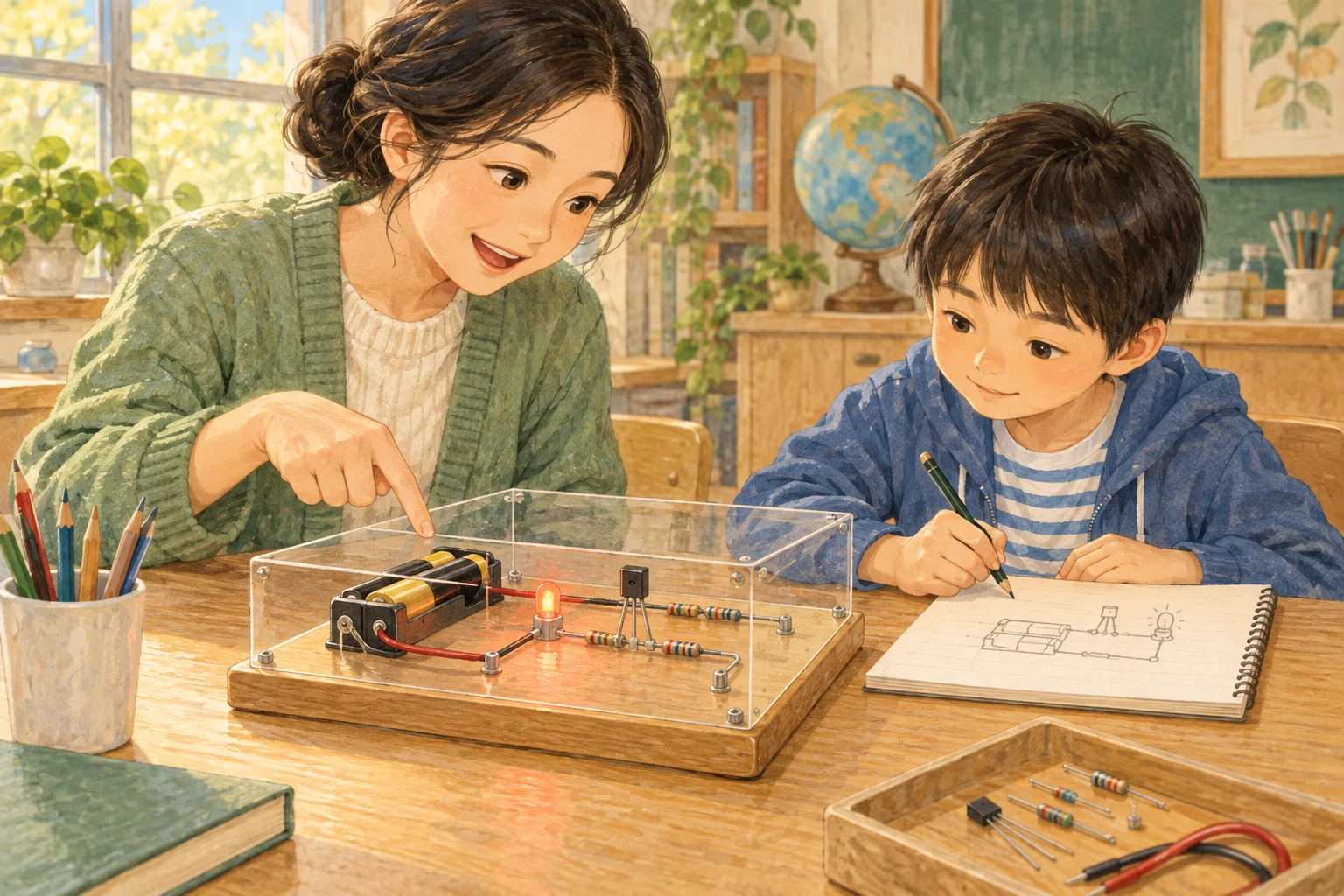 老师和孩子观察低压电池供电、装在透明保护盒里的电子电路。