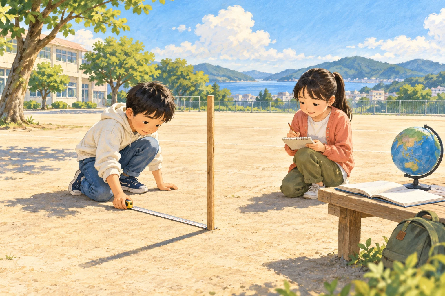 两个孩子在操场用卷尺量竖杆的影子,旁边放着地球仪。