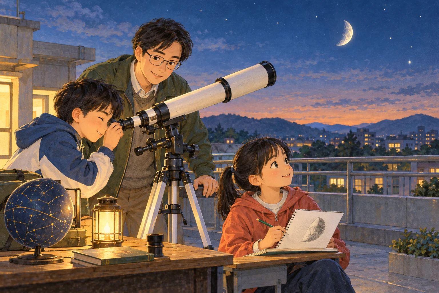 老师陪孩子使用望远镜,另一位孩子在本子上画夜空中的月亮。
