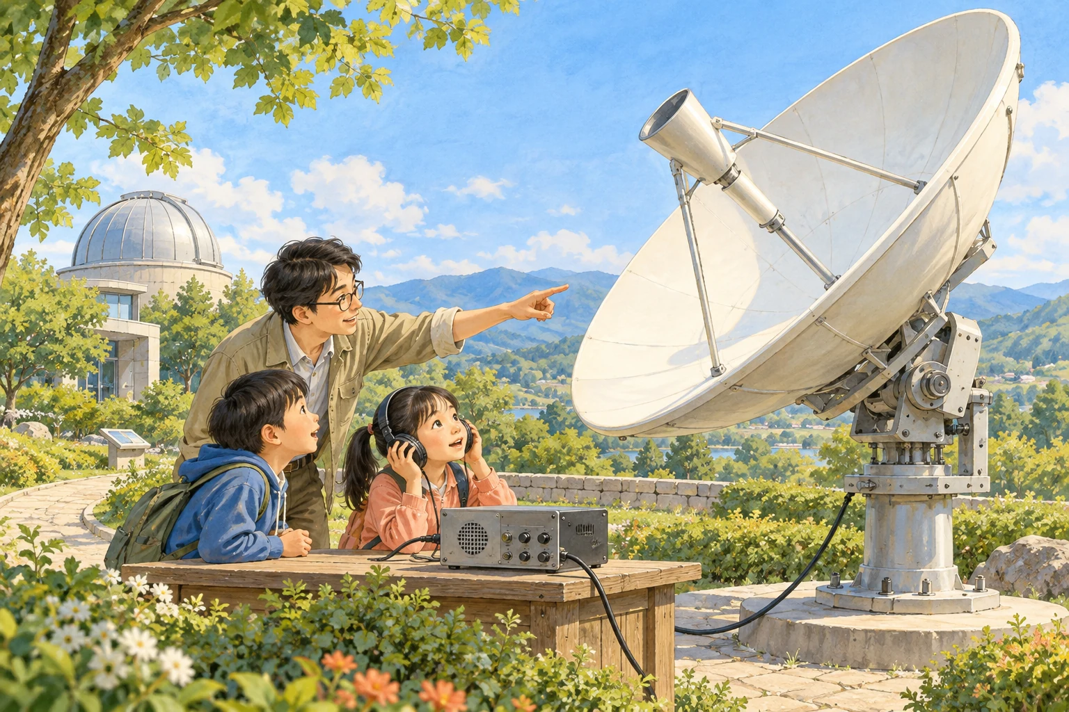 老师和孩子在大型抛物面天线旁观察接收器,一位孩子戴着耳机。