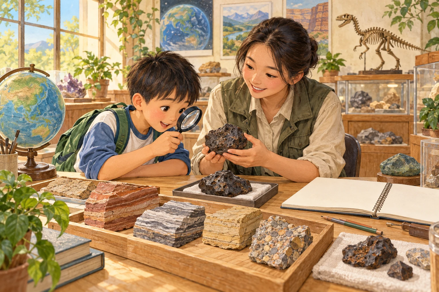 孩子用放大镜观察老师手中的岩石,桌面摆着分层岩样。